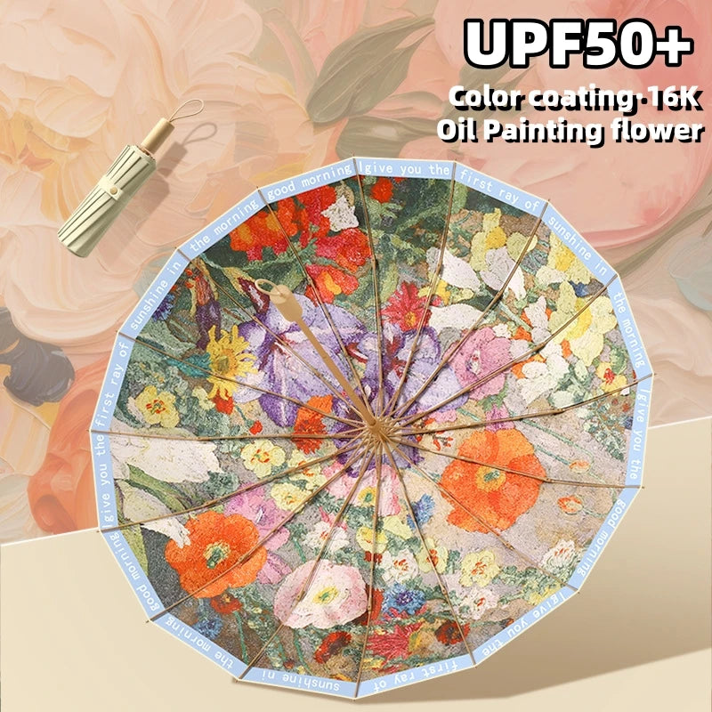 Luxury Oil Painting Umbrella Color Coating UPF50+ UV Protection Sun Umbrellas for Women Elegant Folding Rain Sunshade Parasol