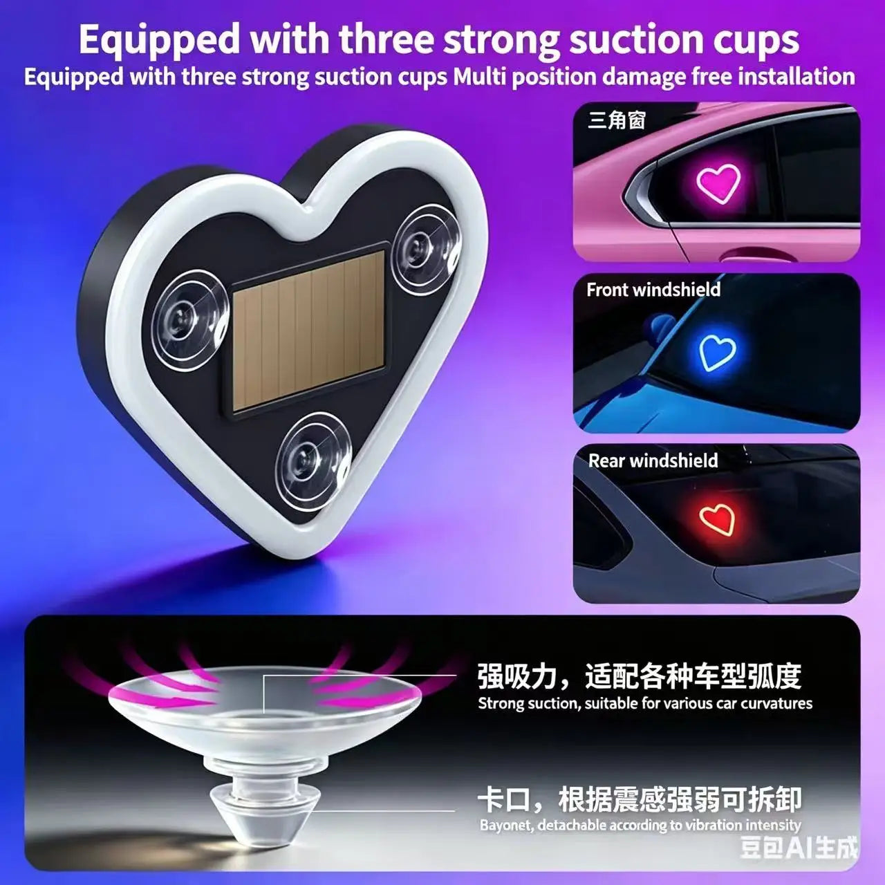 Solar-Powered Led Car Window Neon Lights - Heart-Shaped Rgb-Free Color-Changing Interior Wiring Free Atmosphere Light