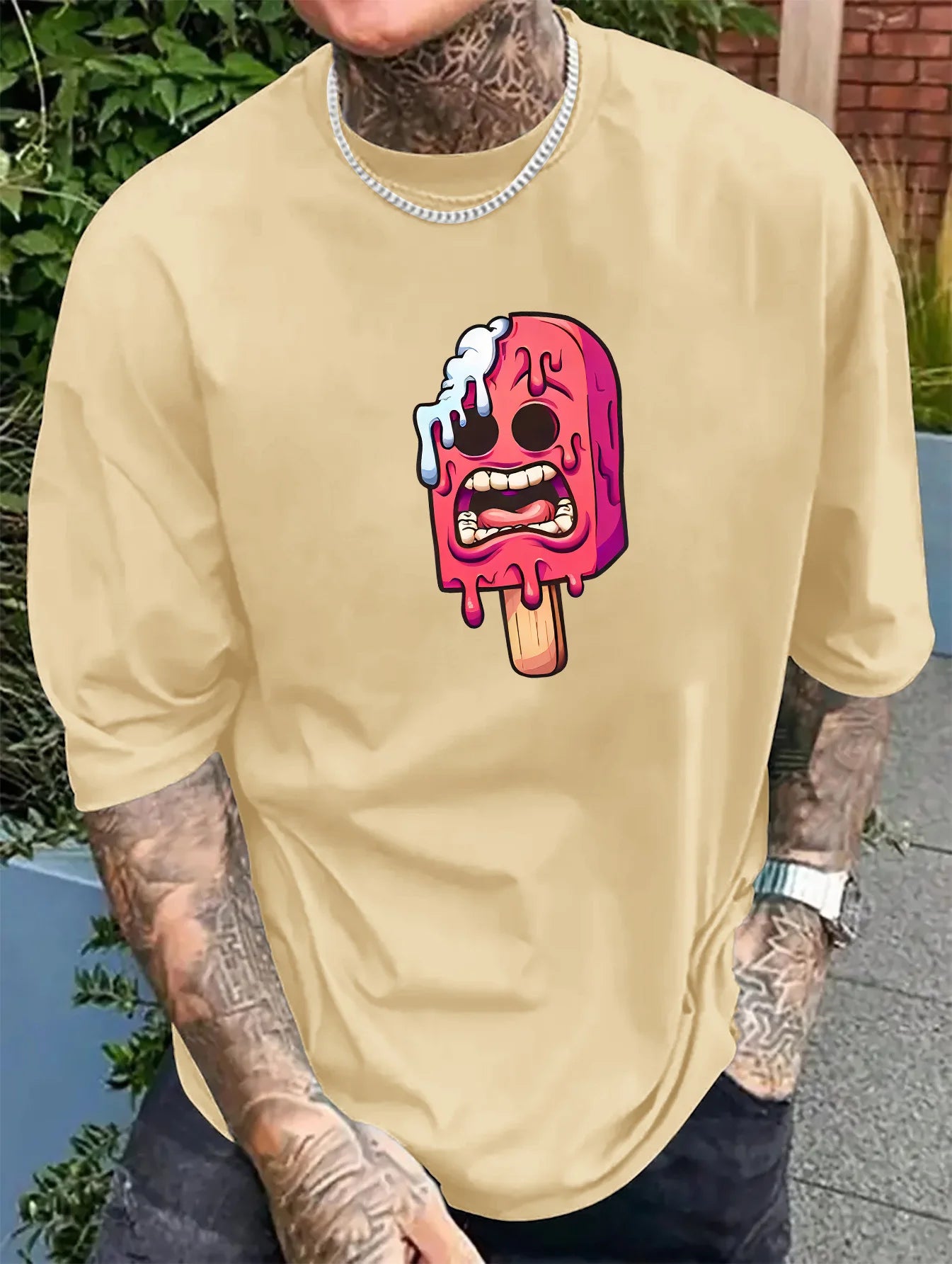 Men's summer 100% pure cotton fashionable casual sports loose ice cream pattern print round neck short sleeved T-shirt top