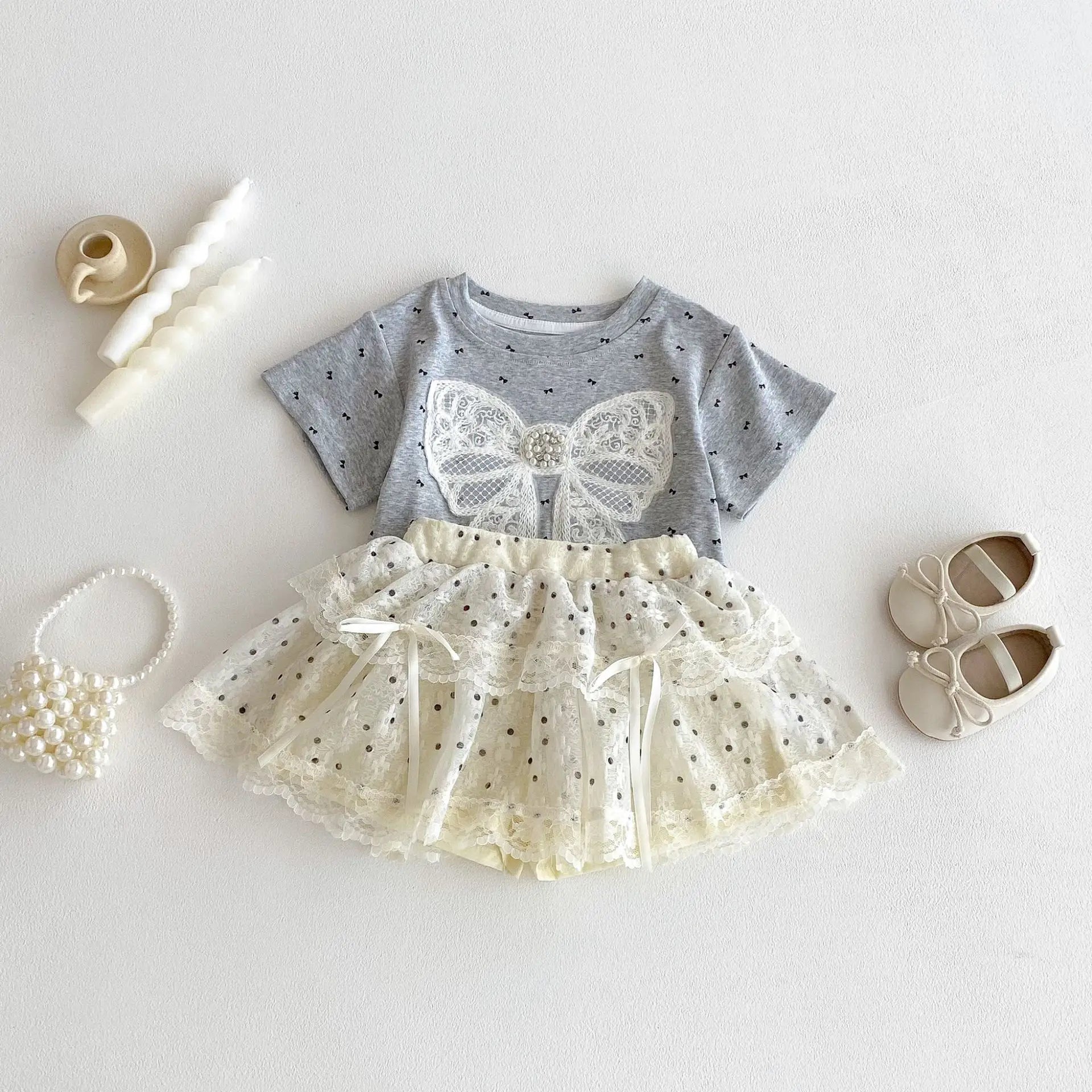 2026 Summer New Children Short Sleeve T Shirts Cotton Baby Girls Cute Bow Lace Tee Toddler Loose Casual Tops Kids Clothes