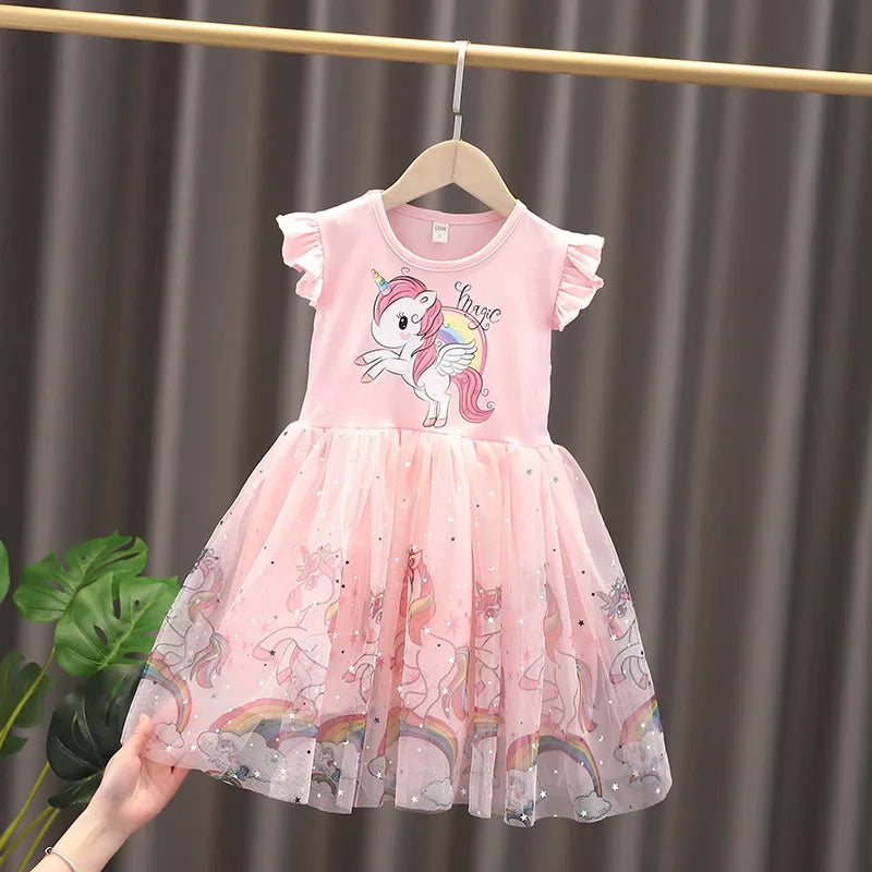 Girls Clothes 2026 New Summer Princess Dresses Flying Sleeve Kids Dress Unicorn Party Baby Dresses for Children Clothing 1-6Y