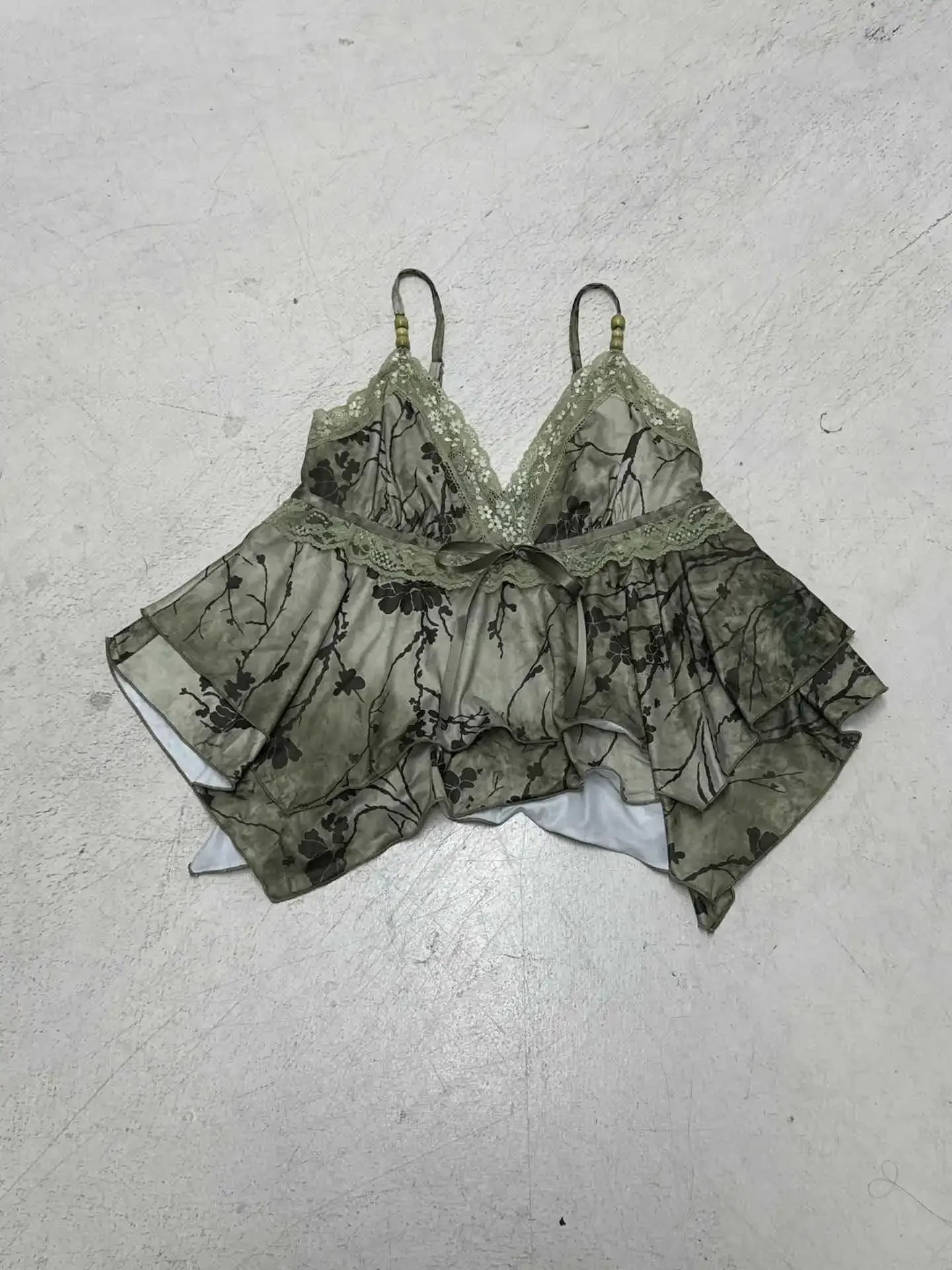 Retro Sexy Printed Vest Top with Irregular Scarf V-Neck Lace Edge for Spicy Girl Fashionable Vintage-Style Women's Top