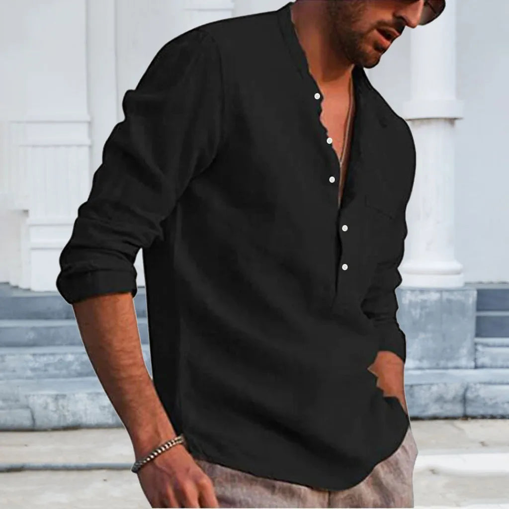 Cotton Linen Hot Sale Men's Long-Sleeved Shirts Summer Solid Color Stand-Up Collar Casual Beach Style Plus Size