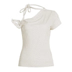 Sweet Polka Dot Prints T-Shirts Fashion Women Cute Design One-Shoulder Summer Tops Casual Korean Office Lady Commute Slim Tees