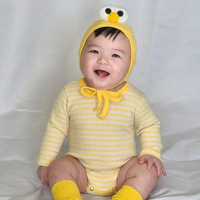 2026 Spring New Baby Long Sleeve Bodysuit + Hat Infant Girls Cute Thin Striped Jumpsuit Newborn Toddler Cotton Clothes 0-24M