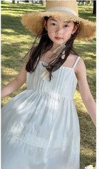 2026 New Girls Dresses Summer Solid Suspenders Dress Hollow-out Long-Sleeved Base Blouse Kid's Beach Wear