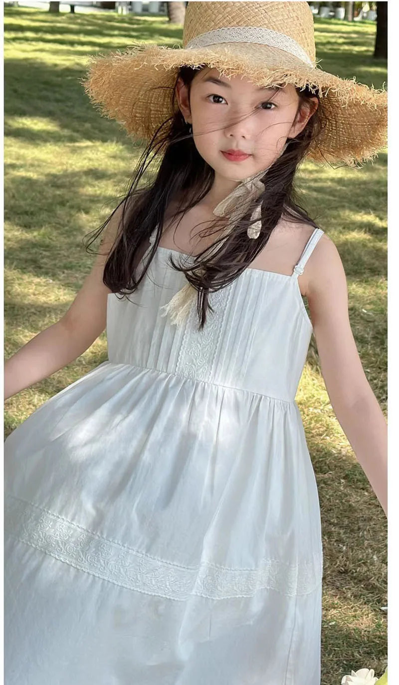 2026 New Girls Dresses Summer Solid Suspenders Dress Hollow-out Long-Sleeved Base Blouse Kid's Beach Wear