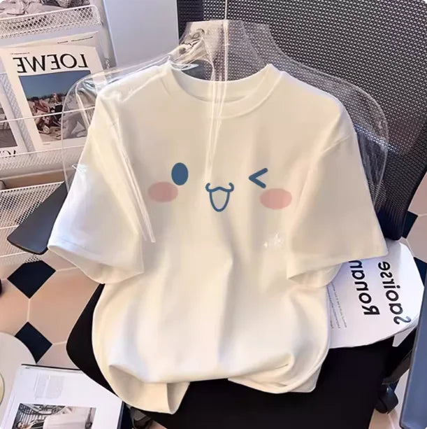 2026 Summer 100% Cotton Sanrio Cinnamoroll Printed Casual Loose T-shirt Parent-child Vintage Harajuku Top 52TOYS Collaboration.