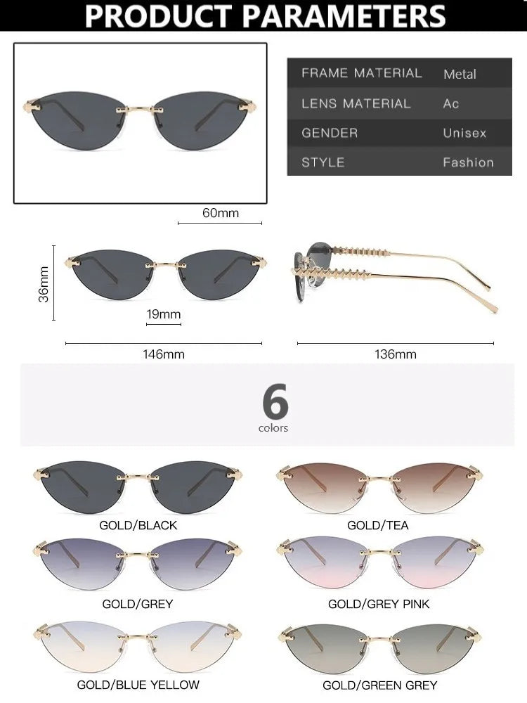 Fashion Trendy Retro Cat Eye Sunglasses Women Luxury Designer Vintage Style Chic Frameless Metal Small Triangle Eyewear