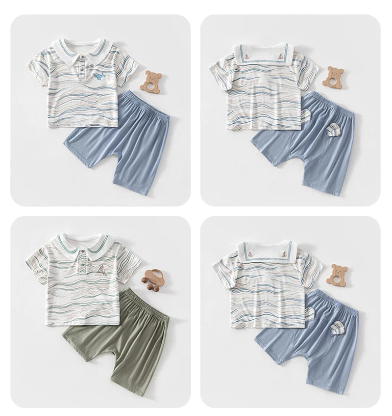 0-3Y Baby Boys 2Pcs Summer Outfit Wave Stripe Polo T-Shirt + Shorts Infant Set Skin Friendly Casual Baby Clothes