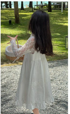 2026 New Girls Dresses Summer Solid Suspenders Dress Hollow-out Long-Sleeved Base Blouse Kid's Beach Wear