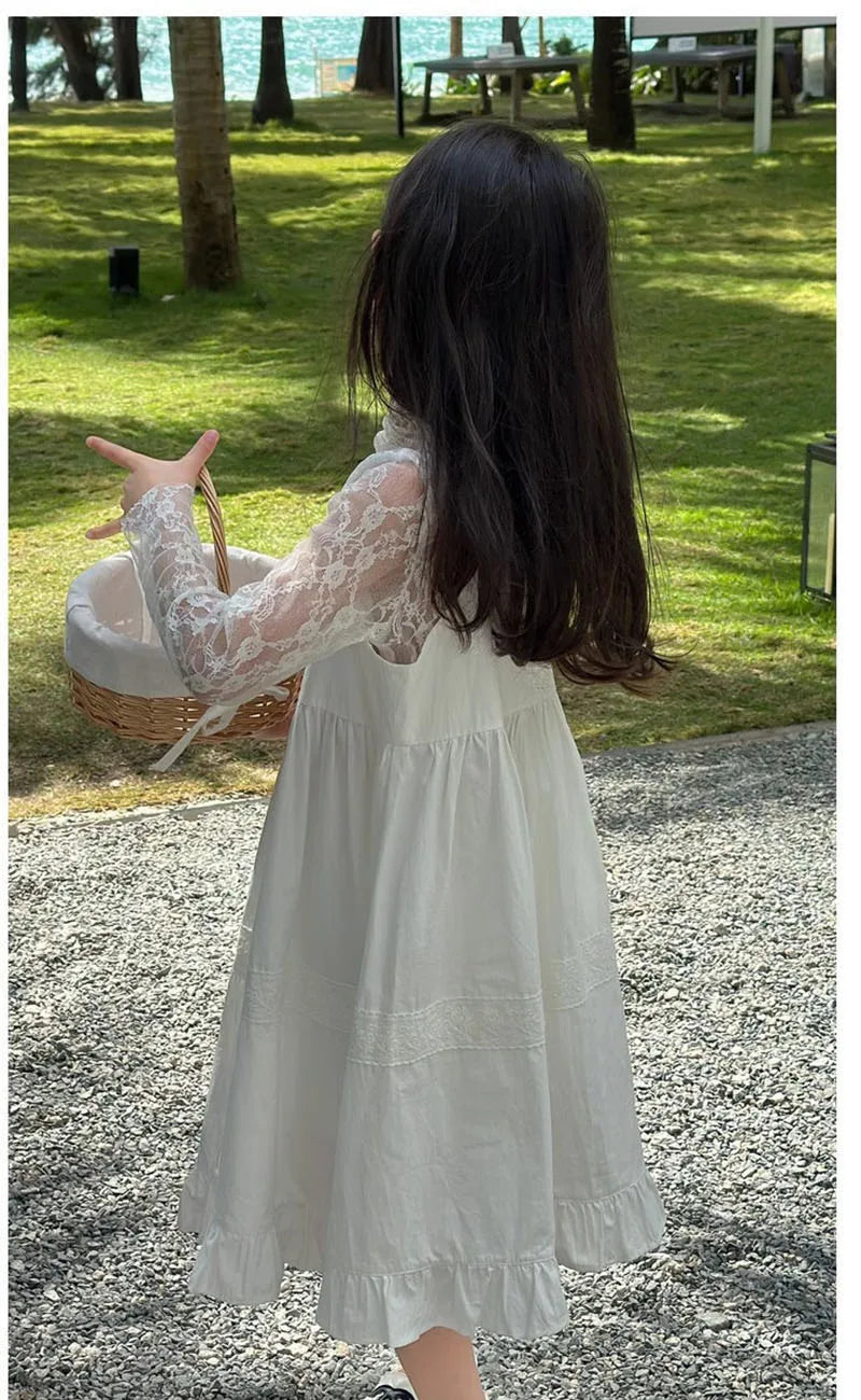 2026 New Girls Dresses Summer Solid Suspenders Dress Hollow-out Long-Sleeved Base Blouse Kid's Beach Wear