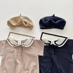 2026 Summer New Baby Short Sleeve Bodysuit Cotton Infant Girl Preppy Style Sailor Collar Jumpsuit Solid Newborn Clothes 0-24M