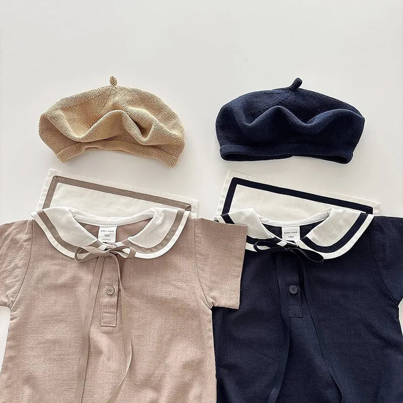 2026 Summer New Baby Short Sleeve Bodysuit Cotton Infant Girl Preppy Style Sailor Collar Jumpsuit Solid Newborn Clothes 0-24M
