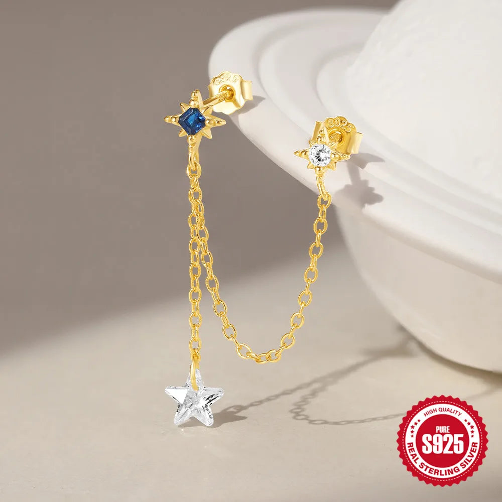 AIDE Star Moon Chain Tassel  925 Sterling Silver Shiny For Woman Piercing Earring Fashion Dainty Luxury Style fine jewelry