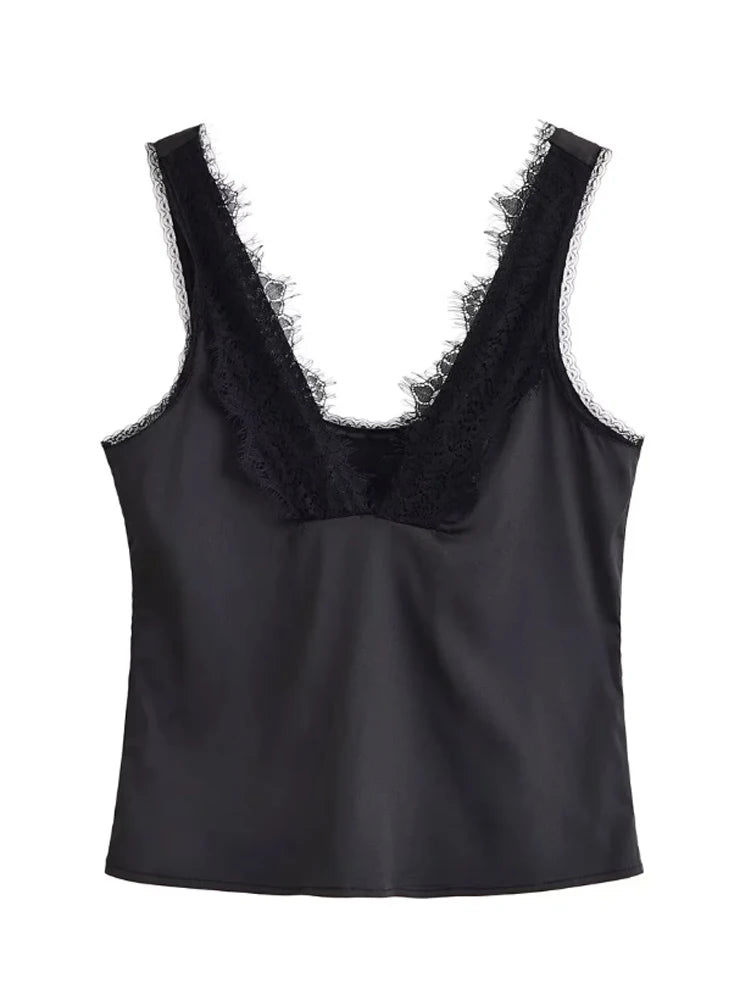 Spaghetti Strap Square Neck Bandage Cami Top Solid Black Tight-Fitting Casual Tops 2026 Summer Lady Trendy Edgy Daily Outfit