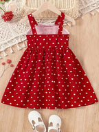 2026 Girls' Summer Fashion Dress, Casual Heart Pattern, Breathable Sleeveless Square Neck, Loose and Comfortable