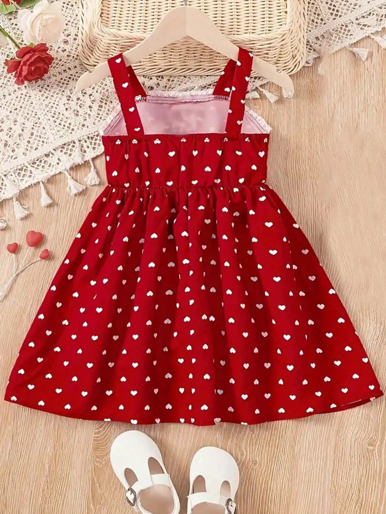 2026 Girls' Summer Fashion Dress, Casual Heart Pattern, Breathable Sleeveless Square Neck, Loose and Comfortable