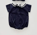 2026 Summer New Baby Short Sleeve Bodysuit Cotton Infant Girl Preppy Style Sailor Collar Jumpsuit Solid Newborn Clothes 0-24M