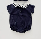 2026 Summer New Baby Short Sleeve Bodysuit Cotton Infant Girl Preppy Style Sailor Collar Jumpsuit Solid Newborn Clothes 0-24M