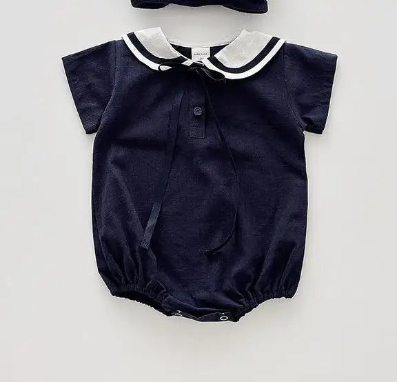 2026 Summer New Baby Short Sleeve Bodysuit Cotton Infant Girl Preppy Style Sailor Collar Jumpsuit Solid Newborn Clothes 0-24M