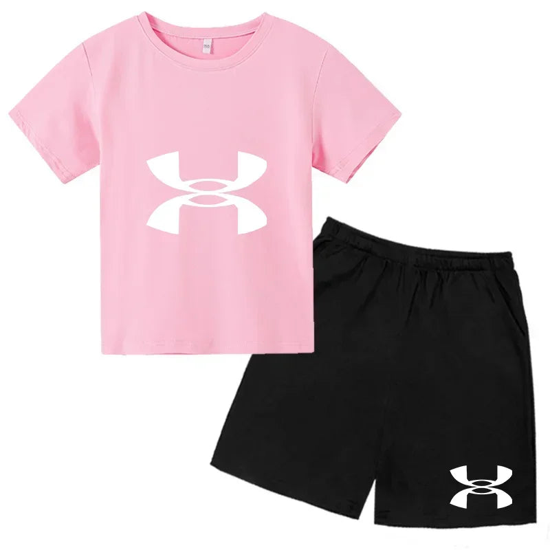 enfants en 2 piècesT-shirt et short de sport à manches courtes pour enfants avec logo imprimé - Ensemble de vêtements de sport