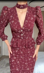 Elegant Choker V Neck Long Sleeve Maxi Dress Ruffle Wine Red Floral Print Waist Fishtail Hem Dresses Lady Party Evening Wear