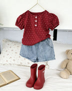 2026 Summer New Girls Short Sleeve T Shirts Cute Baby Girl Polka Dot Puff Sleeve Tops Cotton Infant Toddler Tee Kids Clothes