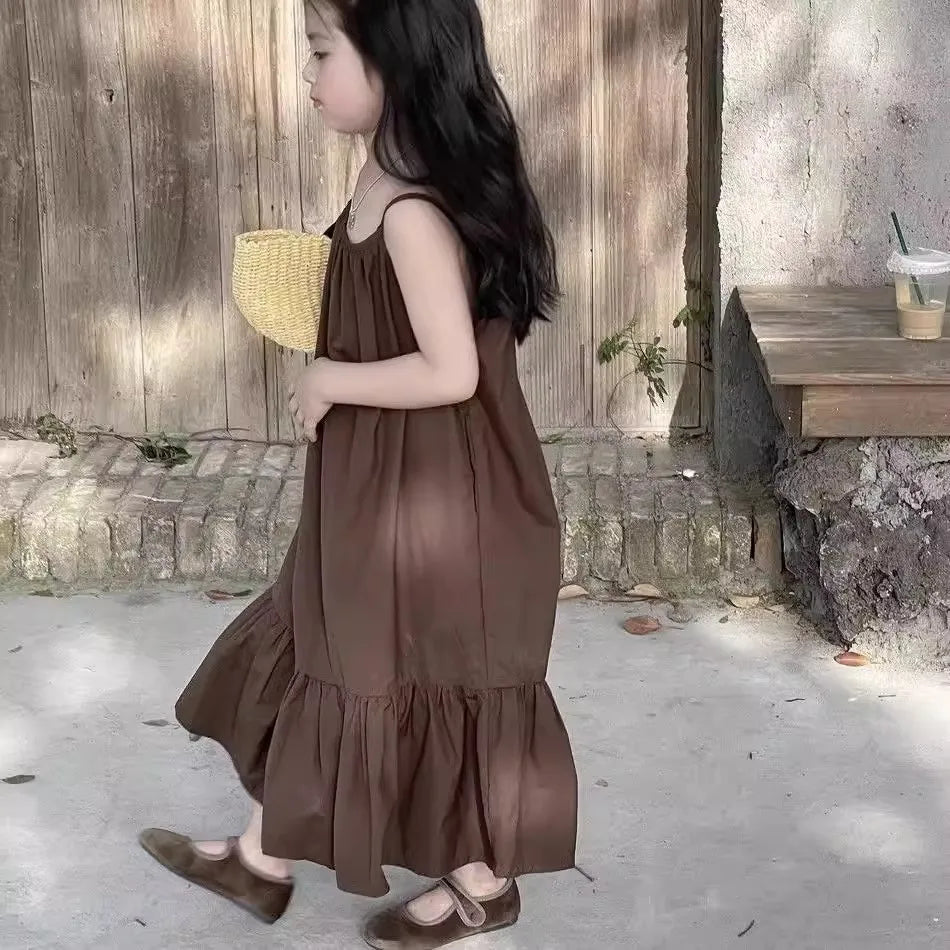 Brown sleeveless beach vacation loose dress For 2-10 Yrs Baby Girls Back To School Clothes 2026 New Summer
