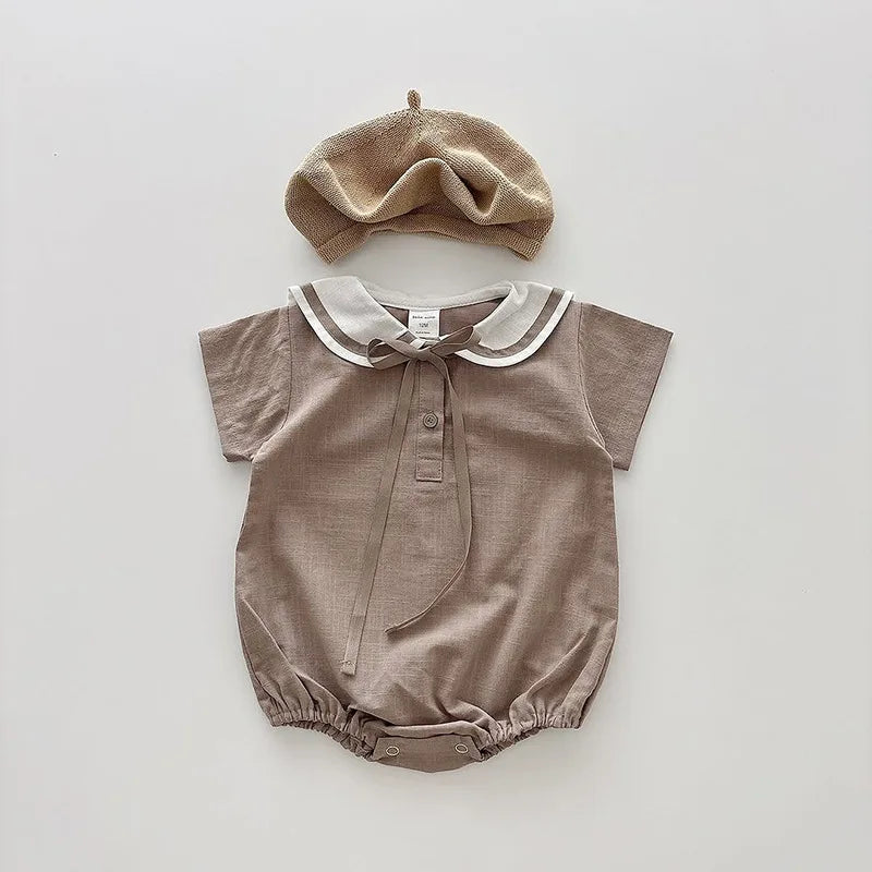 2026 Summer New Baby Short Sleeve Bodysuit Cotton Infant Girl Preppy Style Sailor Collar Jumpsuit Solid Newborn Clothes 0-24M