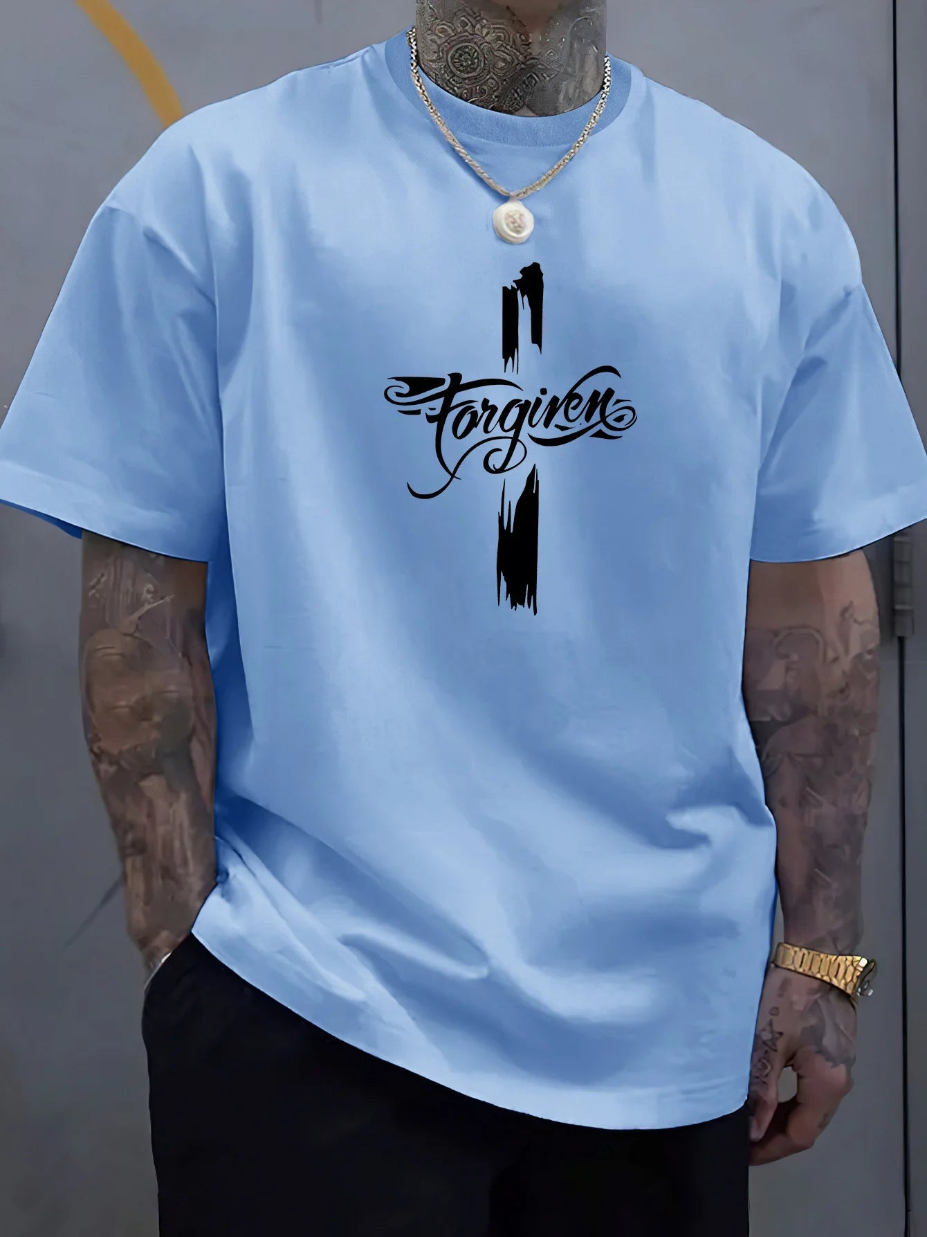 Men's Summer 100 Cotton Fashion Casual Loose Large Forgiveness Letter Creative Printed Round Neck Short Sleeve T-shirt