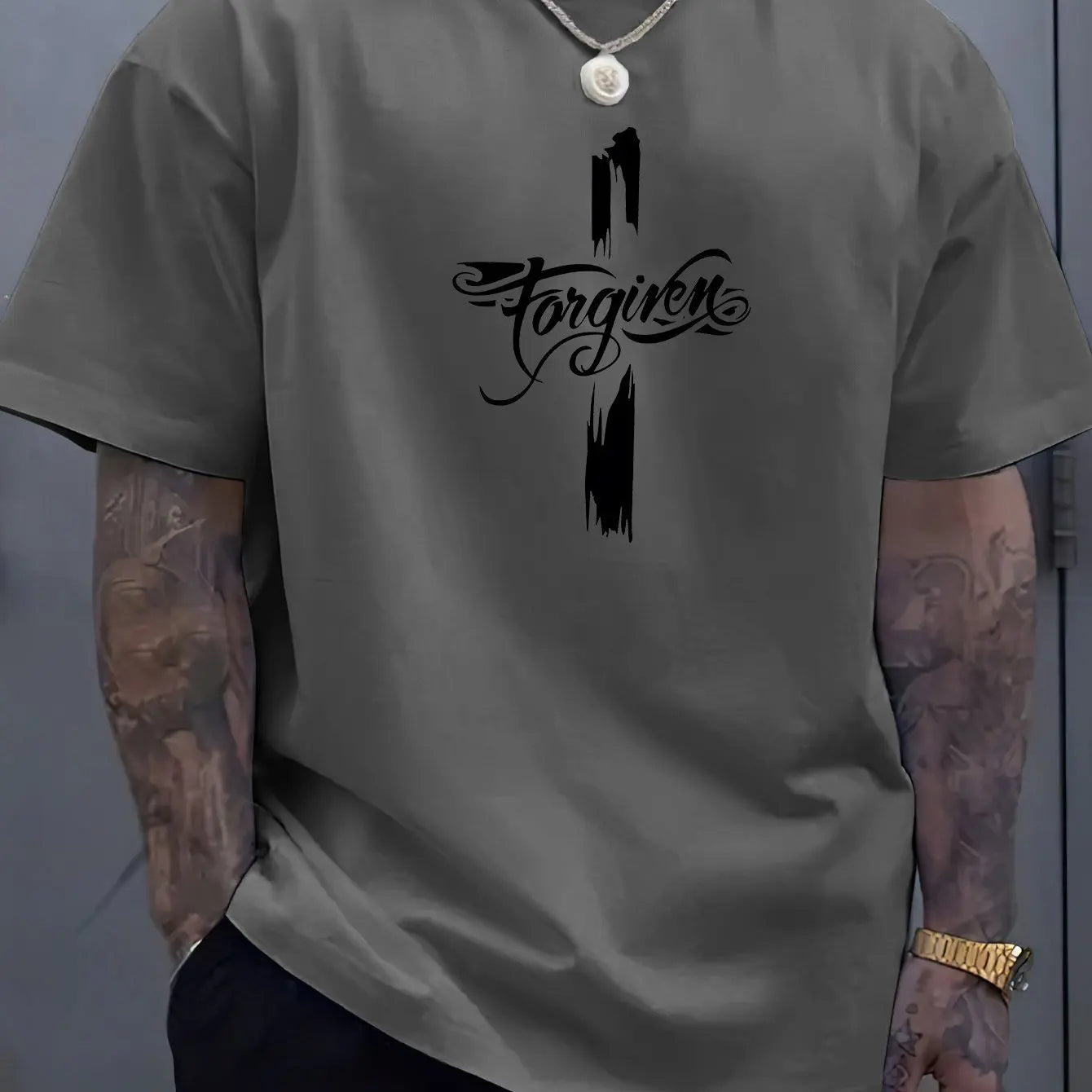 Men's Summer 100 Cotton Fashion Casual Loose Large Forgiveness Letter Creative Printed Round Neck Short Sleeve T-shirt