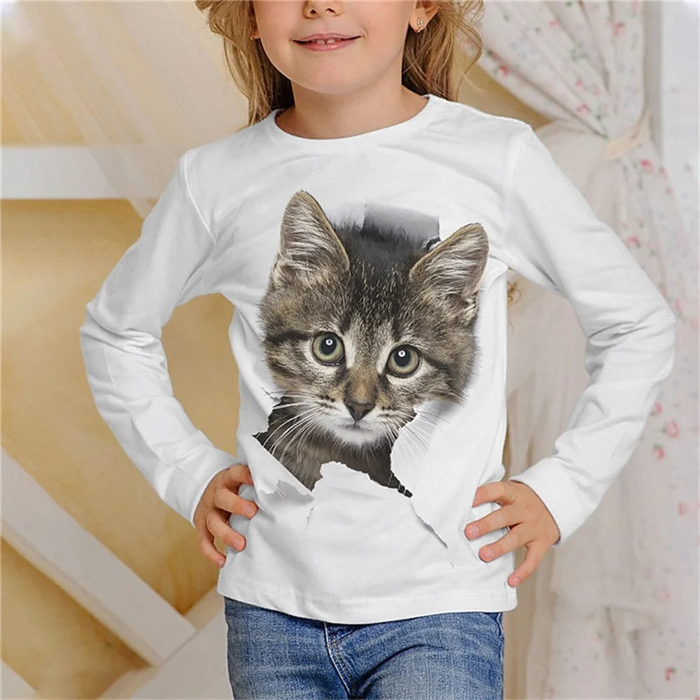 3D Cat Graphic T Shirts Autumn Clothing for Girls O-Neck Streetwear Top Long Sleeve T-Shirt Cartoon Animal Children's T-Shirts
