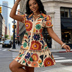 2026Women's Summer Floral Print Shirt Dress Puff Sleeve Ruffle Hem A-Line Mini Dress