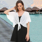 2026 Europe and the United States new women's blouse solid color short-sleeved cardigan thin chiffon cape tied and tied cape