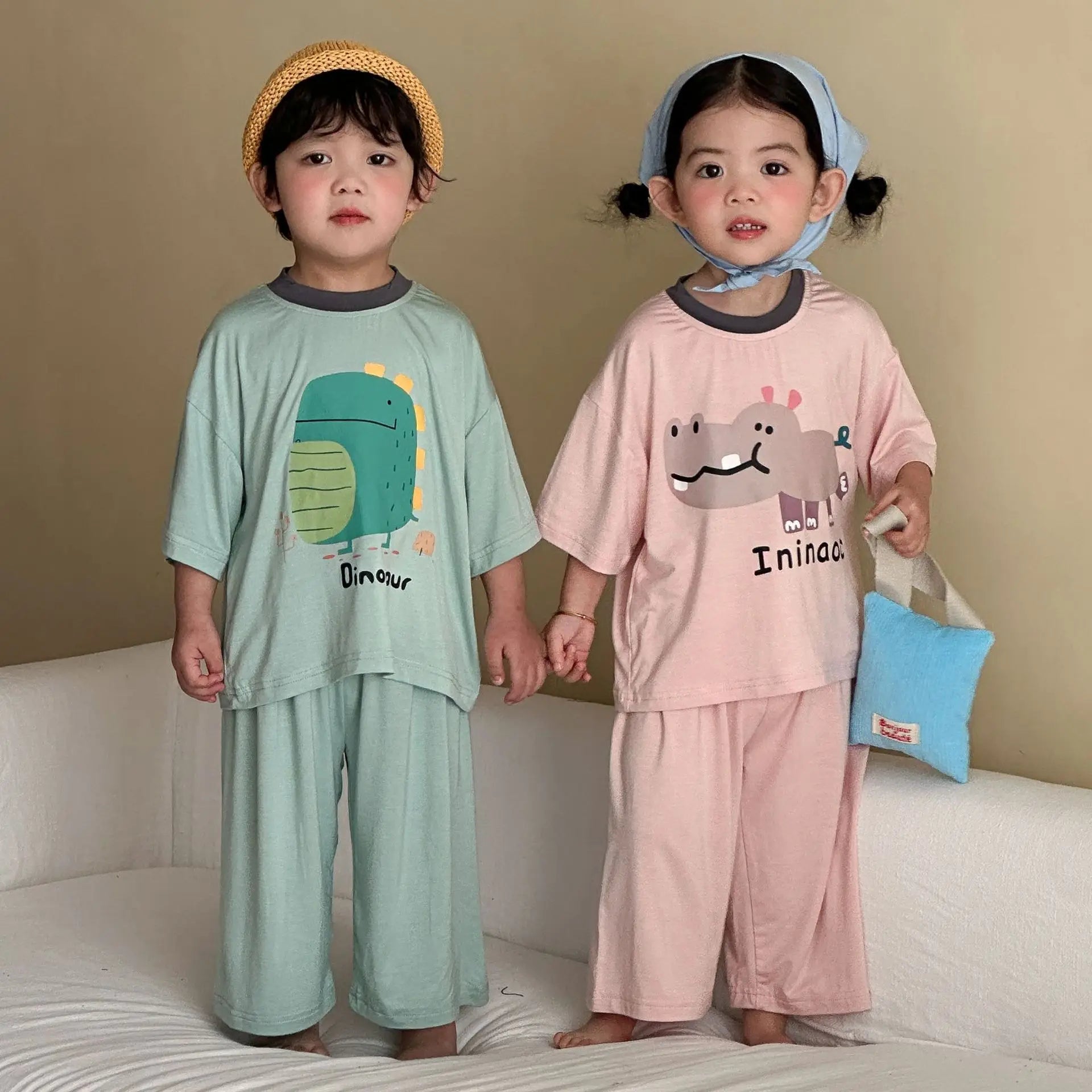 Kids Cute Animal Pajama Set Print Comfortable Sleepwear for Brother Sister 2pcs Summer Children  Cartoon Top Pant Loungewear