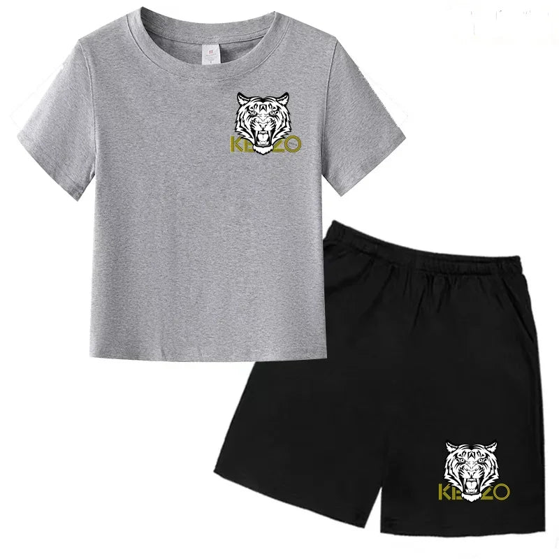 Kids T-shirt Boys Girls Toddlers 3-12Y Fashion Cute Tiger Print Brand Clothing Short Sleeve+Shorts 2P Outdoor Leisure Sports Set