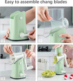 Rotary Cheese Grater, 5 in 1 Cheese Shredder with Handle, Replaceable Stainless Steel Blades, Vegetable Slicer, Easy Clean