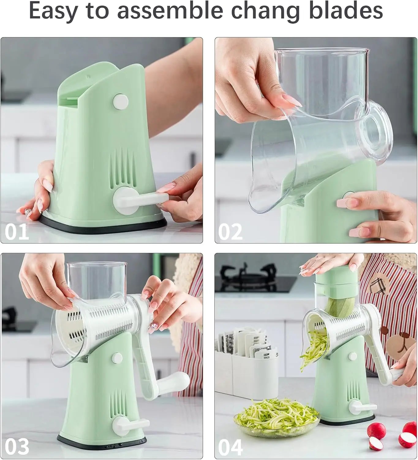 Rotary Cheese Grater, 5 in 1 Cheese Shredder with Handle, Replaceable Stainless Steel Blades, Vegetable Slicer, Easy Clean