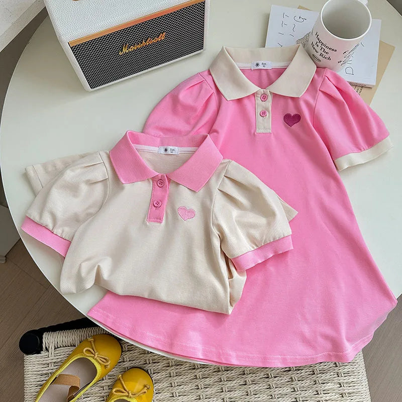 2026 Summer Stylish Girls' Polo Shirt Dresses 1-7Y Trendy Embroidered Heart Lapel Dress for Kid's Children's Clothing Outfit