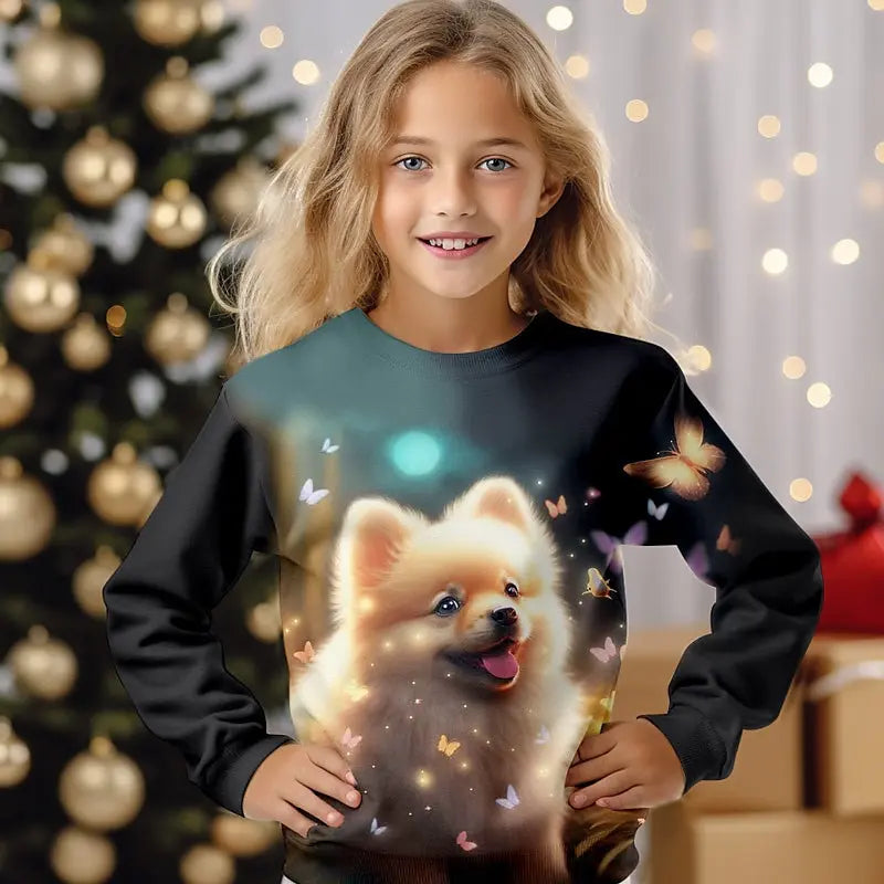 3D Cat Graphic T Shirts Autumn Clothing for Girls O-Neck Streetwear Top Long Sleeve T-Shirt Cartoon Animal Children's T-Shirts