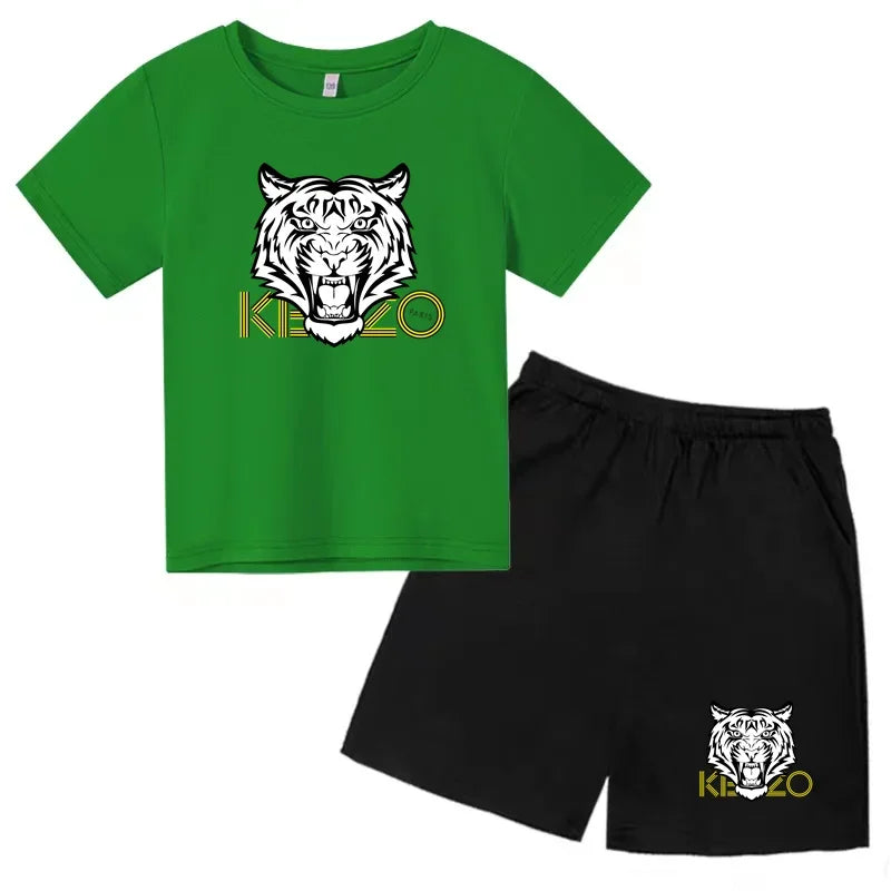 Kids T-shirt Boys Girls Toddlers 3-12Y Fashion Cute Tiger Print Brand Clothing Short Sleeve+Shorts 2P Outdoor Leisure Sports Set
