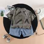 Children Streetwear 2 Piece Outfit boys 1-5 Years Summer Cotton Short Sleeve T-Shirt Denim Shorts Graffiti Print set