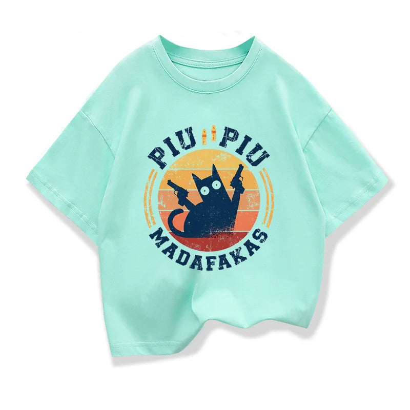 Kids Clothing Short Sleeve T-shirt Cartoon Cat Graphic 3-12Years Children's Summer Cotton Tee Kids Crewneck Loose T Shirts