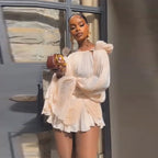 Satin Off Shoulder Pleated Mini Dress for Women Fashion Puff Sleeve  Cinched Waist Prom Party Skirt 2026 NEW Summer Lady Dresses