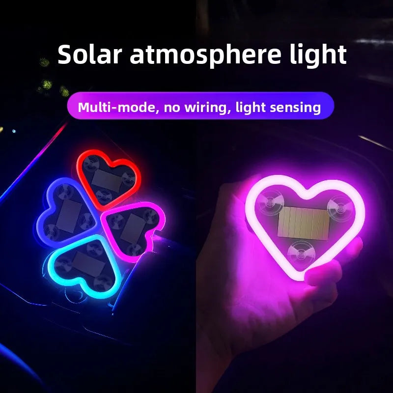 Solar-Powered Led Car Window Neon Lights - Heart-Shaped Rgb-Free Color-Changing Interior Wiring Free Atmosphere Light