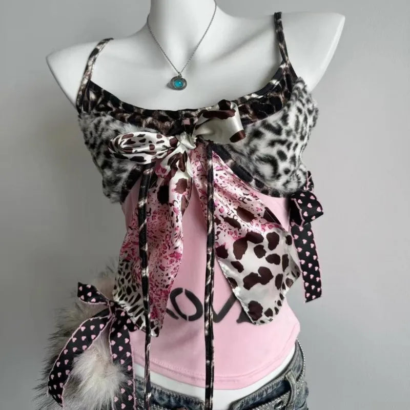 American Harajuku Hottie Camisole Subculture Leopard Patchwork Bow Halter Vest Y2K Aesthetic Letter Print Tanks Women's Slim Top
