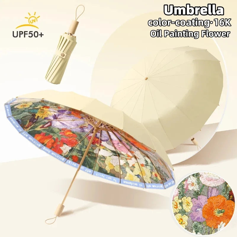 Luxury Oil Painting Umbrella Color Coating UPF50+ UV Protection Sun Umbrellas for Women Elegant Folding Rain Sunshade Parasol