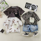 Children Streetwear 2 Piece Outfit boys 1-5 Years Summer Cotton Short Sleeve T-Shirt Denim Shorts Graffiti Print set
