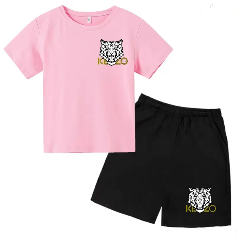 Kids T-shirt Boys Girls Toddlers 3-12Y Fashion Cute Tiger Print Brand Clothing Short Sleeve+Shorts 2P Outdoor Leisure Sports Set